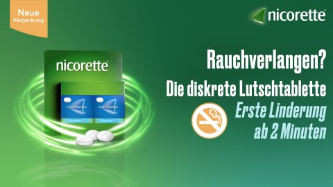 Illustration der Anwendung von nicorette Lutschtabletten: Auf die Zunge legen, im Mund verschieben, wiederholen.